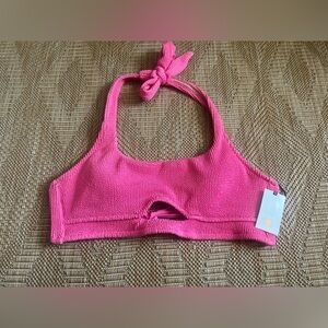 Shade &Shore Women's Pink Textured Cut Out Halter Bralette Bikini Top,Size L,NWT